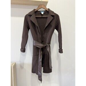 White + Warren Womens M Brown 100% Merino Wool Open Front Ribbed Cardigan Belted